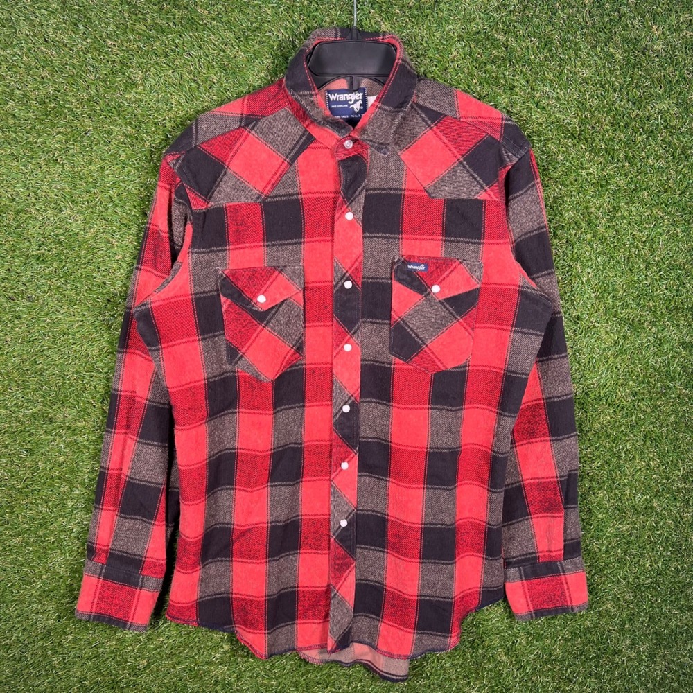 Wrangler Western Flannel Shirt Mens 16.5x35 Red Black Buffalo Plaid Pearl Snap